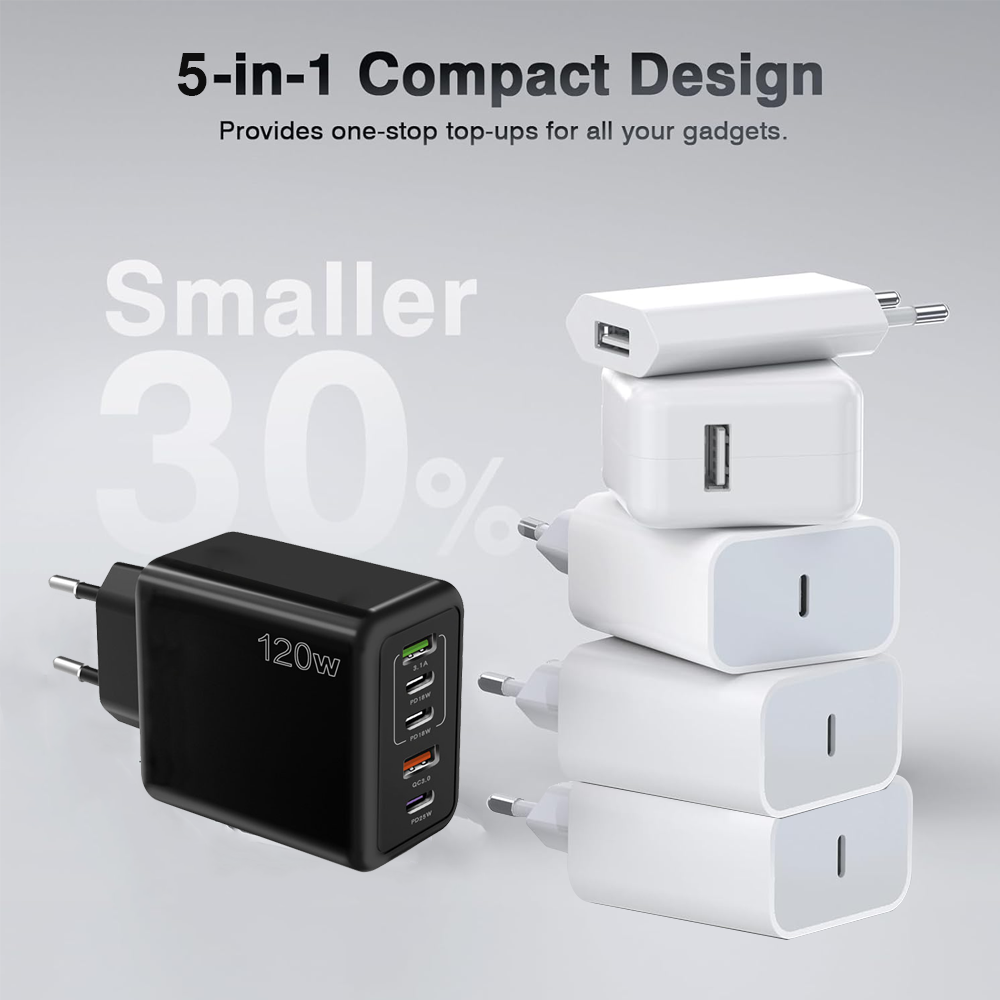 Incarcator Telefon 120W, 5 Porturi, 3x USB-C 2 X USB + Cablu Type-C - Type-C 1M