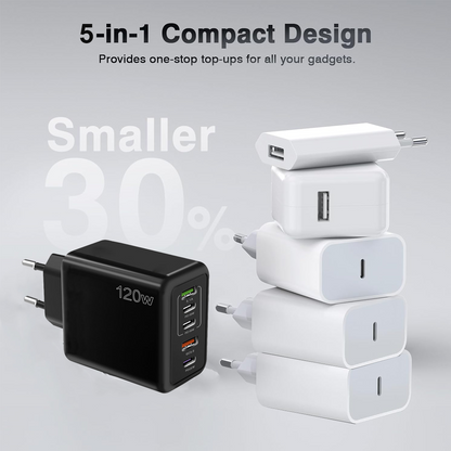 Incarcator Telefon 120W, 5 Porturi, 3x USB-C 2 X USB + Cablu Type-C - Type-C 1M