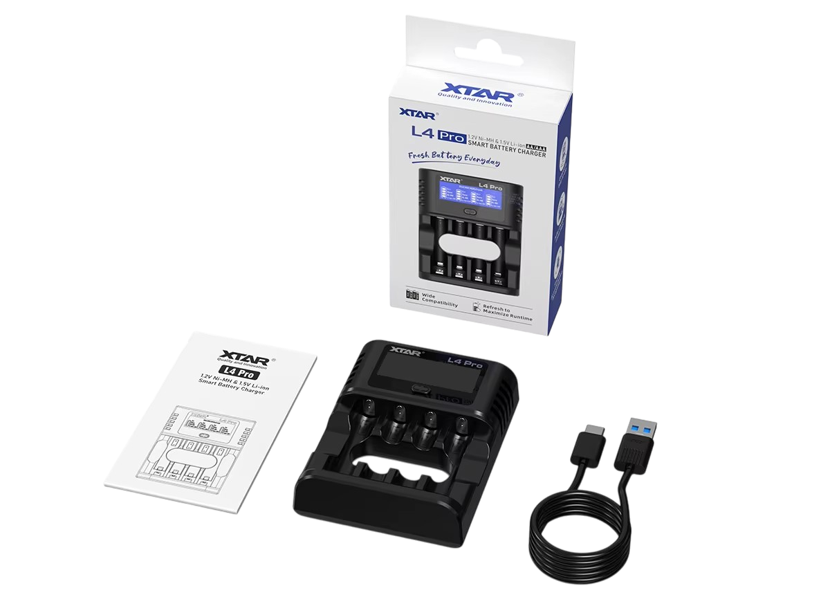 XTAR L4 PRO - Incarcator Acumulatori AA si AAA, USB-C, 4 Sloturi, Protectie la Supraincarcare