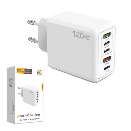 Incarcator Telefon 120W, 5 Porturi, 3x USB-C 2 X USB + Cablu Type-C - Type-C 1M